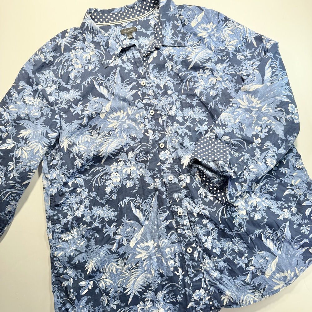 Talbots Blue & White Floral Print Long Sleeve Button Up XL Classic Old Money
